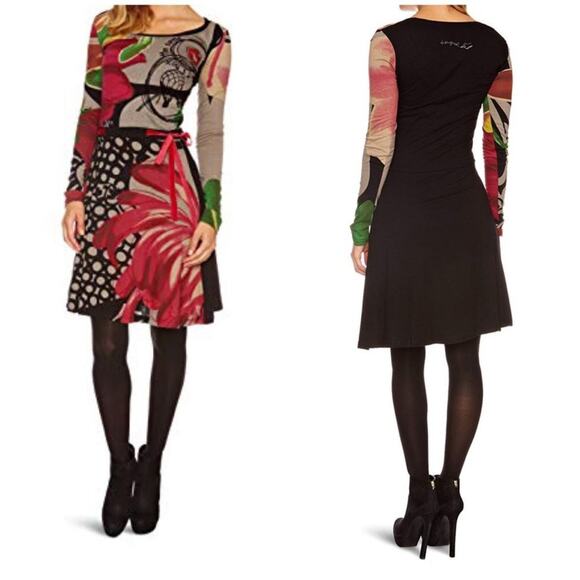 Desigual Multicolor Print Scoop Neck Velvet Detailed Long Sleeve Dress Sz. S - Picture 1 of 5